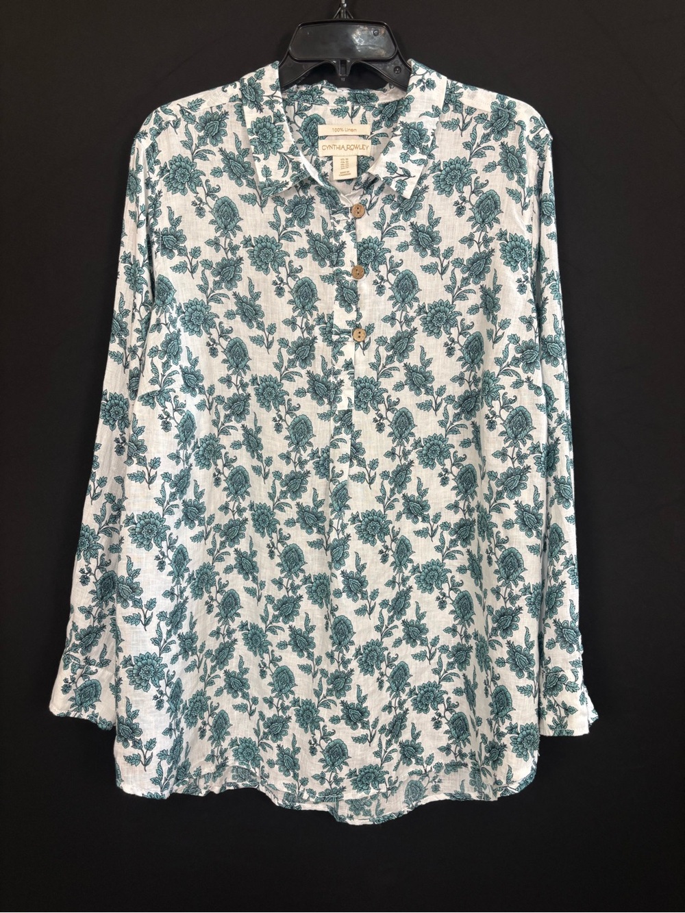 Cynthia Rowley White Button-Front Top with Teal Floral Print